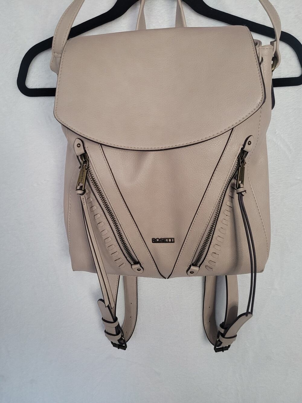 Rosetti Taupe Beige Faux Leather Backpack Purse Dual Zip Pockets